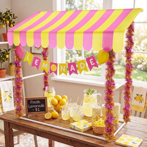 7 Pcs Lemonade Stand Supplies Lemonade Bar Party Decoration with 1 Set Plastic Stand 1 Yellow and Pink Striped, alternate