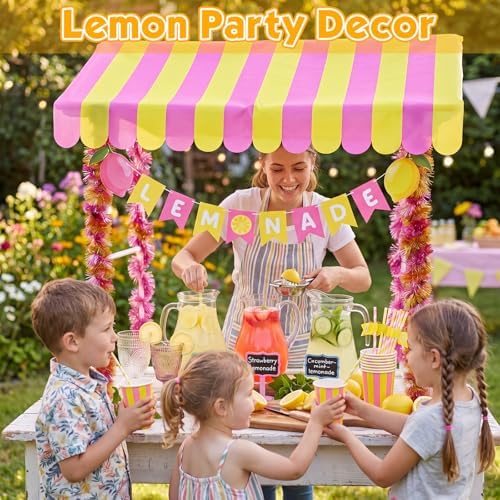 7 Pcs Lemonade Stand Supplies Lemonade Bar Party Decoration with 1 Set Plastic Stand 1 Yellow and Pink Striped, alternate
