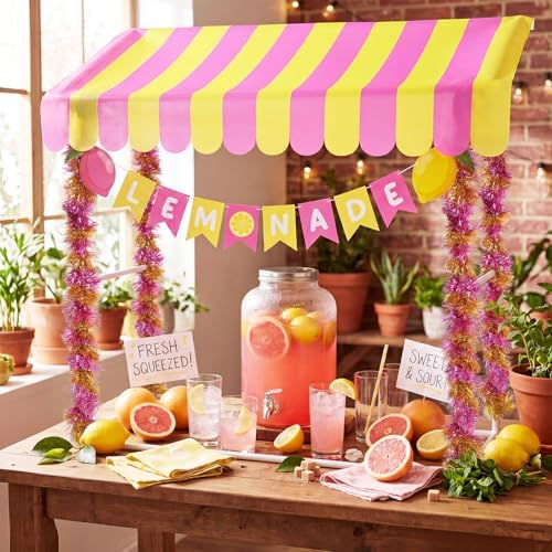 7 Pcs Lemonade Stand Supplies Lemonade Bar Party Decoration with 1 Set Plastic Stand 1 Yellow and Pink Striped, alternate