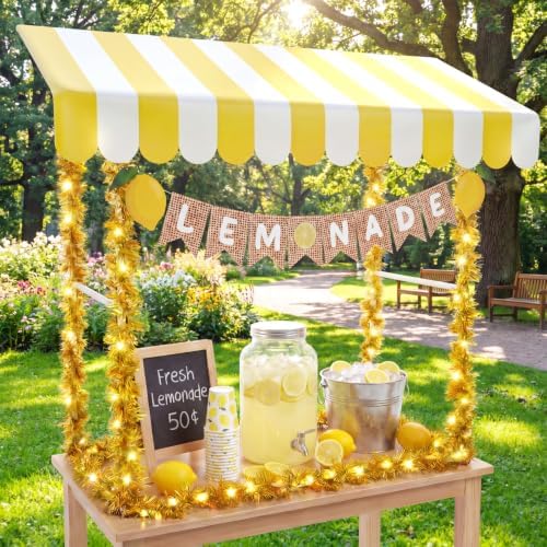 7 Pcs Lemonade Stand Supplies Lemonade Bar Party Decorations with 1 Set Plastic Stand 1 Yellow and White Striped