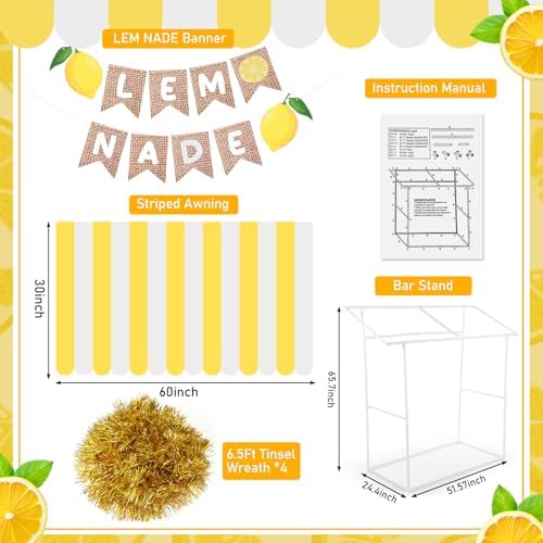 7 Pcs Lemonade Stand Supplies Lemonade Bar Party Decorations with 1 Set Plastic Stand 1 Yellow and White Striped, alternate
