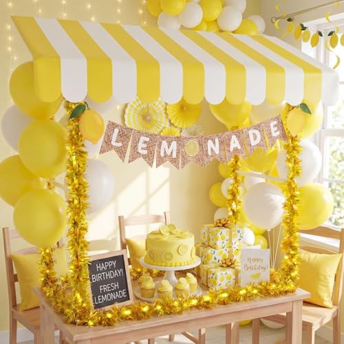 7 Pcs Lemonade Stand Supplies Lemonade Bar Party Decorations with 1 Set Plastic Stand 1 Yellow and White Striped, alternate