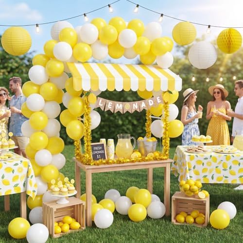 7 Pcs Lemonade Stand Supplies Lemonade Bar Party Decorations with 1 Set Plastic Stand 1 Yellow and White Striped, alternate