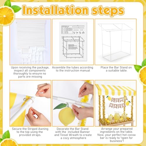 7 Pcs Lemonade Stand Supplies Lemonade Bar Party Decorations with 1 Set Plastic Stand 1 Yellow and White Striped, alternate