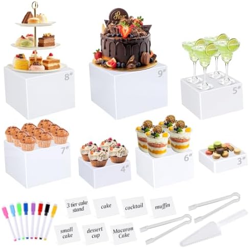 [7 Pcs] White Buffet Risers Food Risers - Dessert Table Display Set and Food Cake Stands with Table Sign and