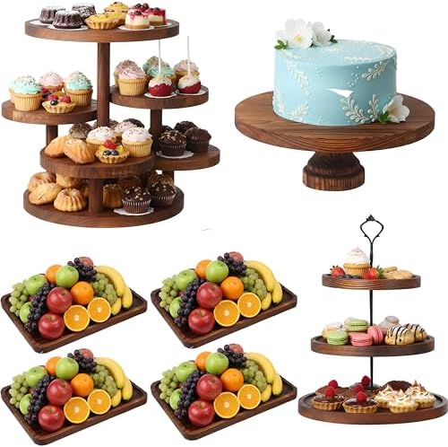 7 Pcs Wooden Cupcake Stand Set with Cake Pedestal Trays, Brown in Brown
