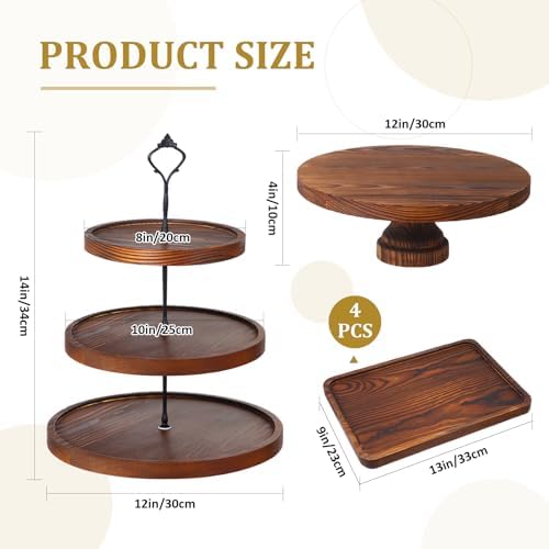 7 Pcs Wooden Cupcake Stand Set with Cake Pedestal Trays, Brown in Brown, alternate view 3
