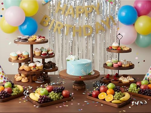 7 Pcs Wooden Cupcake Stand Set with Cake Pedestal Trays, Brown in Brown, alternate view 5