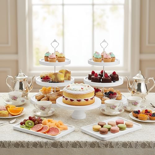 7 Pcs Wooden Dessert Display Set 3 Tier Stands Trays, White in White, alternate view 2
