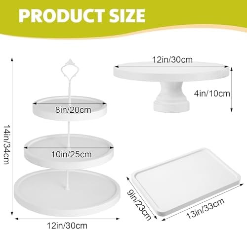 7 Pcs Wooden Dessert Display Set 3 Tier Stands Trays, White in White, alternate view 3