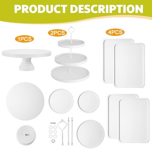 7 Pcs Wooden Dessert Display Set 3 Tier Stands Trays, White in White, alternate view 4