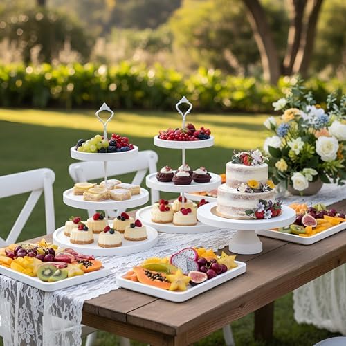 7 Pcs Wooden Dessert Display Set 3 Tier Stands Trays, White in White, alternate view 5