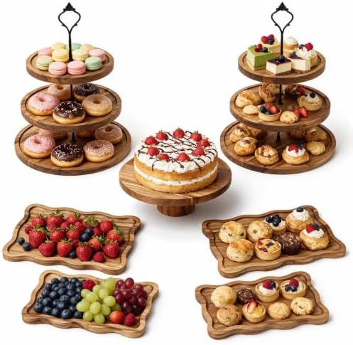 7-Piece Acacia Wood Dessert Table Display Set with 4 Wavy Trays in Brown1