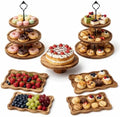 7-Piece Acacia Wood Dessert Table Display Set with 4 Wavy Trays in Brown1