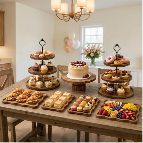 7-Piece Acacia Wood Dessert Table Display Set with 4 Wavy Trays in Brown1, alternate view 2