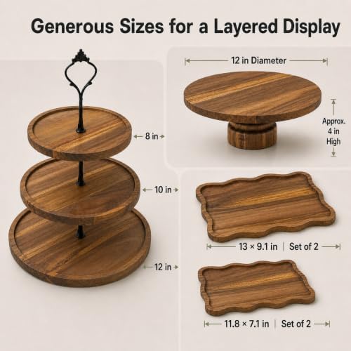 7-Piece Acacia Wood Dessert Table Display Set with 4 Wavy Trays in Brown1, alternate view 3