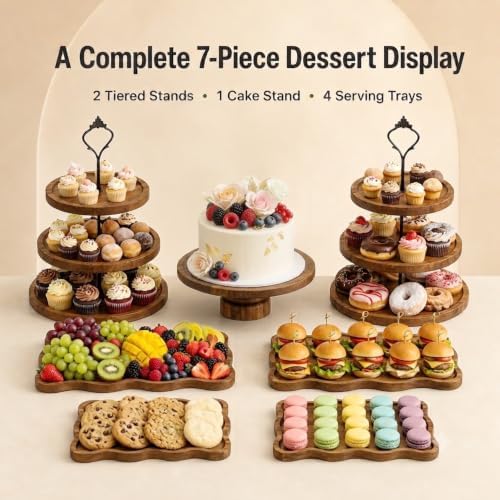 7-Piece Acacia Wood Dessert Table Display Set with 4 Wavy Trays in Brown1, alternate view 4
