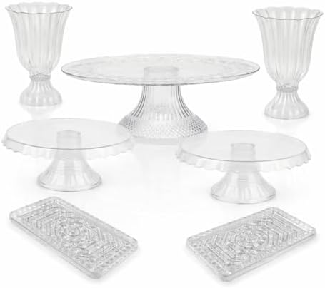 7-Piece Acrylic Dessert Table Set - 1 Cake Stand (12”), 2 Slim Vases, 2 Slim Cake Stands & 2 Serving Trays