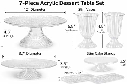 7-Piece Acrylic Dessert Table Set - 1 Cake Stand (12”), 2 Slim Vases, 2 Slim Cake Stands & 2 Serving Trays, alternate view 3