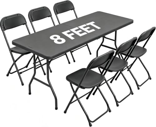 7-Piece Black Plastic 8FT Folding Table with 6 Black Folding Chair