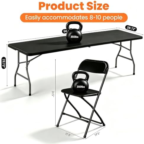 7-Piece Black Plastic 8FT Folding Table with 6 Black Folding Chair, alternate view 3