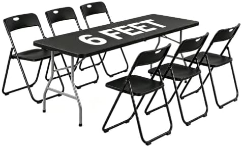7 Piece Plastic Folding Table Chairs Set for 6-Person, Black in Black