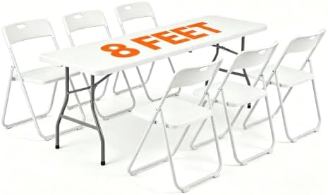 7-Piece White Plastic 8FT Folding Table Chairs Set for 6 People