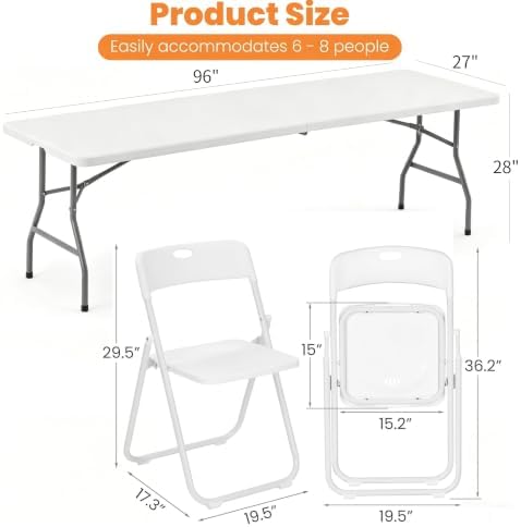 7-Piece White Plastic 8FT Folding Table Chairs Set for 6 People, alternate view 3