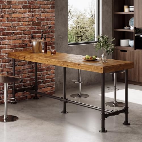 70.9-Inch Long Solid Wood Bar Table for 6-8 People, Industrial Narrow Counter Height Pub Table with Metal