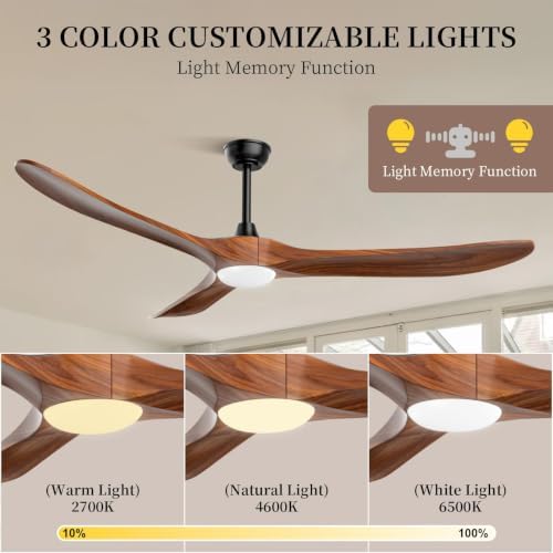 70" Outdoor Ceiling Fan with Light and Remote, Solid Wood 3-Blade Ceiling Fan with DC Motor for Patio and, alternate view 3