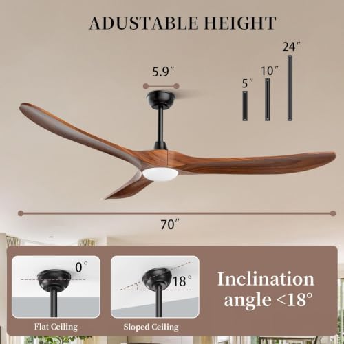 70" Outdoor Ceiling Fan with Light and Remote, Solid Wood 3-Blade Ceiling Fan with DC Motor for Patio and, alternate view 4