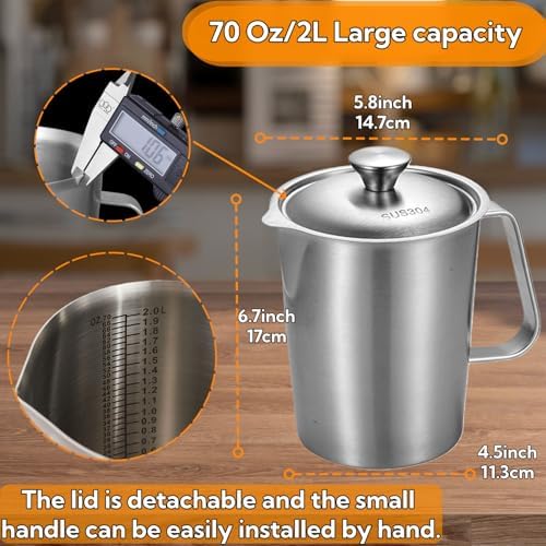 70 Oz Stainless Steel Pitcher with Lid, Graduated Measuring Cup in Silver, alternate view 2