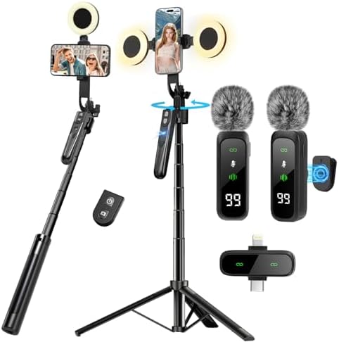 70inch Auto Face Tracking Tripod, Vlogging Kit for iPhone with Light and Mic in Black-SM