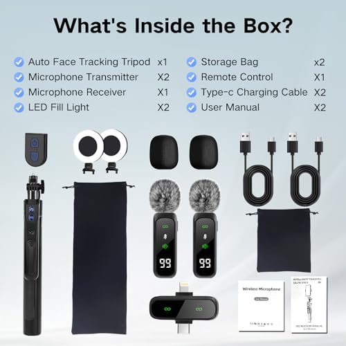 70inch Auto Face Tracking Tripod, Vlogging Kit for iPhone with Light and Mic in Black-SM, alternate view 6