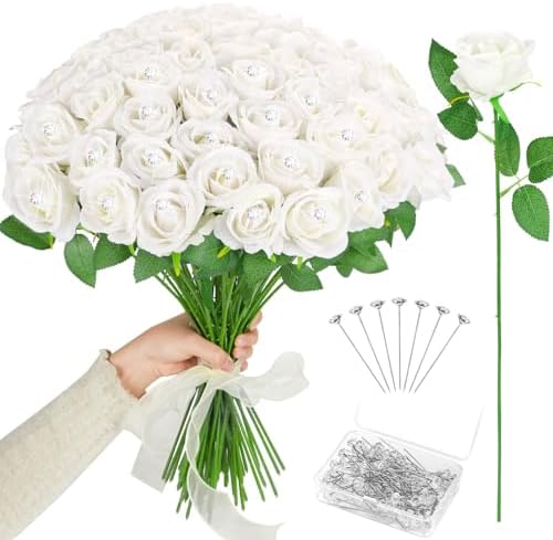 70PCS White Rose Artificial Flowers with 50PCS Diamond Pins for Bouquets, Fake Silk Roses Flower for Home