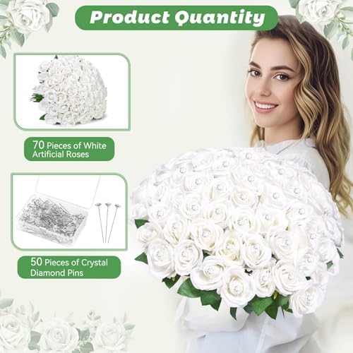 70PCS White Rose Artificial Flowers with 50PCS Diamond Pins for Bouquets, Fake Silk Roses Flower for Home, alternate view 2