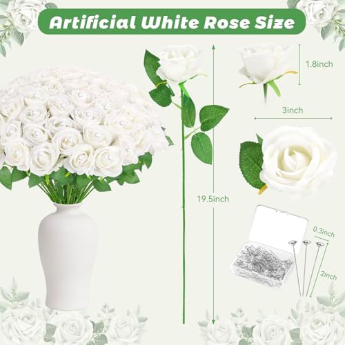 70PCS White Rose Artificial Flowers with 50PCS Diamond Pins for Bouquets, Fake Silk Roses Flower for Home, alternate view 3