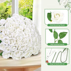 70PCS White Rose Artificial Flowers with 50PCS Diamond Pins for Bouquets, Fake Silk Roses Flower for Home, alternate view 4