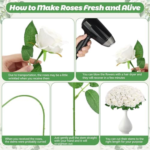 70PCS White Rose Artificial Flowers with 50PCS Diamond Pins for Bouquets, Fake Silk Roses Flower for Home, alternate view 5