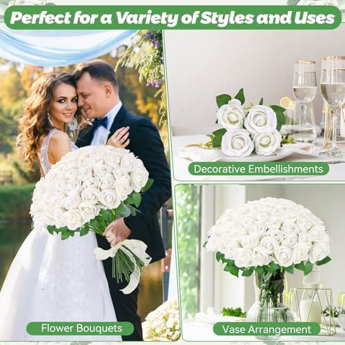 70PCS White Rose Artificial Flowers with 50PCS Diamond Pins for Bouquets, Fake Silk Roses Flower for Home, alternate view 6