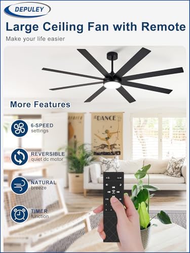 72" Ceiling Fans with Lights: Black Indoor/Outdoor Ceiling Fan for Patios Living Room - 8 Blades Dimmable Large, alternate