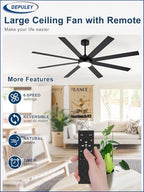 72" Ceiling Fans with Lights: Black Indoor/Outdoor Ceiling Fan for Patios Living Room - 8 Blades Dimmable Large, alternate