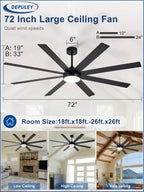 72" Ceiling Fans with Lights: Black Indoor/Outdoor Ceiling Fan for Patios Living Room - 8 Blades Dimmable Large, alternate