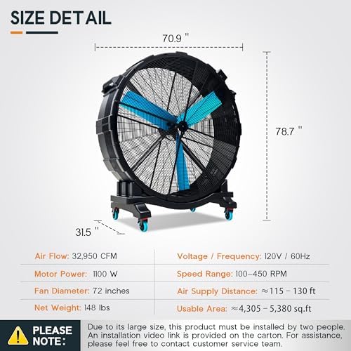 72 Inch Industrial Drum Fan, 1100W Plastic High Velocity Floor Fan, alternate view 3