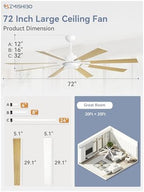72 inch White Ceiling Fans with Lights and Remote, Indoor/Outdoor Ceiling Fan for Patio Living Room, 6 Speed, alternate view