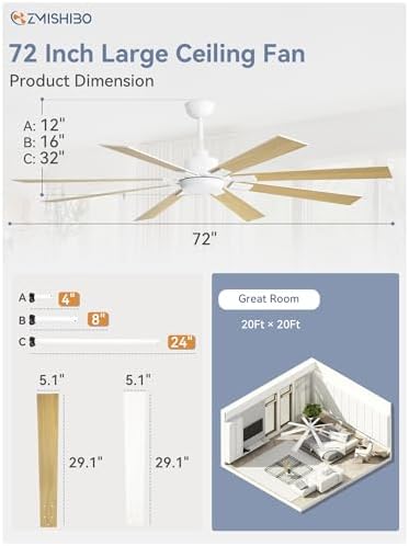 72 inch White Ceiling Fans with Lights and Remote, Indoor/Outdoor Ceiling Fan for Patio Living Room, 6 Speed, alternate view