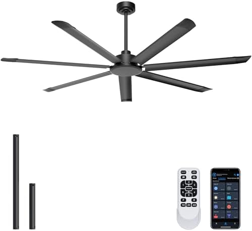 72'' Industrial Ceiling Fan No Light for Patio, Garage, Black in Black