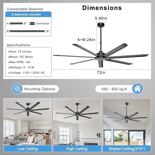 72'' Industrial Ceiling Fan No Light for Patio, Garage, Black in Black, alternate view 3