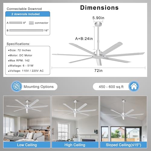 72'' Industrial Ceiling Fan No Light for Patio, Garage, Silver in Silver, alternate view 3