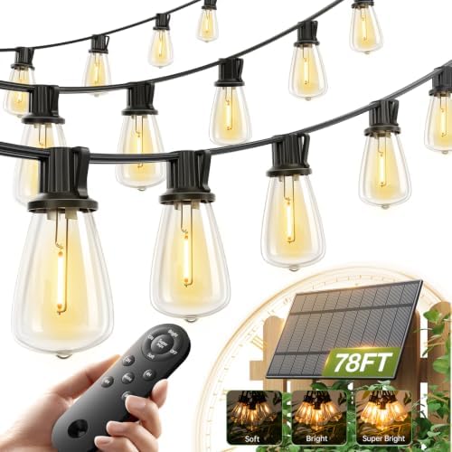 72FT Solar String Lights Outdoor, Waterproof Dimmable 24+2 LED